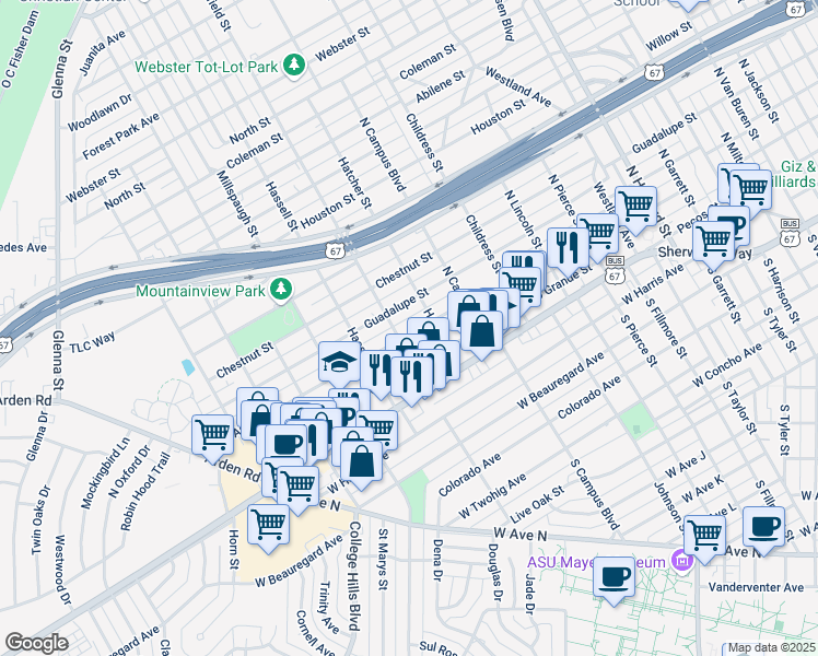 map of restaurants, bars, coffee shops, grocery stores, and more near 2722 San Antonio Street in San Angelo