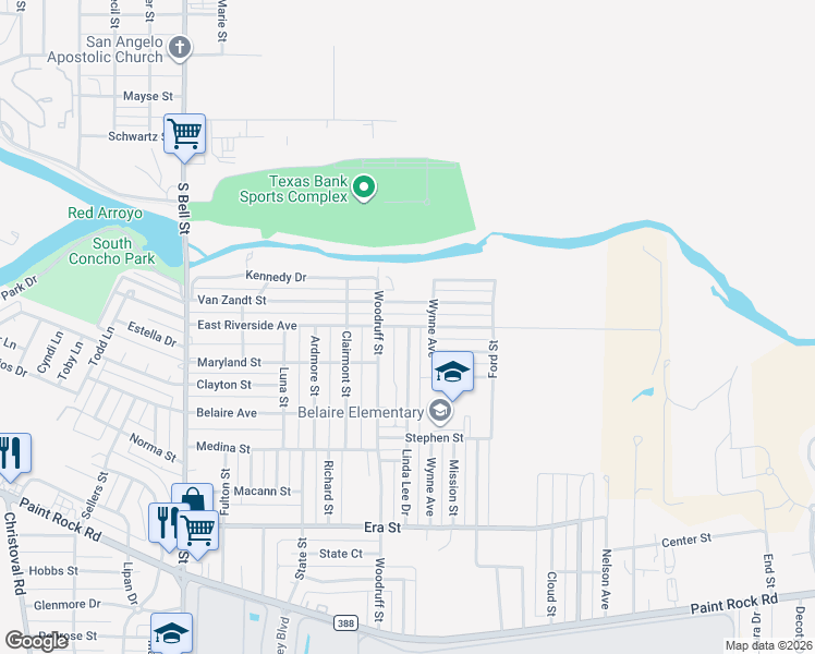 map of restaurants, bars, coffee shops, grocery stores, and more near 699 E Riverside Ave in San Angelo