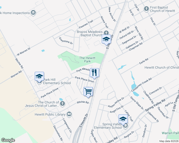map of restaurants, bars, coffee shops, grocery stores, and more near 733 Park Meadows Drive in Hewitt
