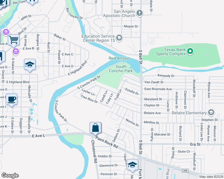 map of restaurants, bars, coffee shops, grocery stores, and more near 1430-1438 Tres Rios Drive in San Angelo