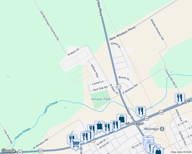 map of restaurants, bars, coffee shops, grocery stores, and more near 504 Willow Way in McGregor