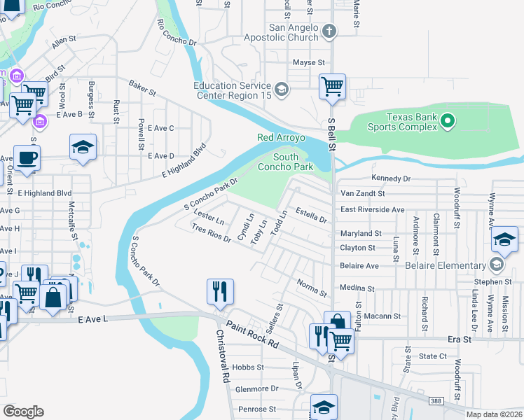 map of restaurants, bars, coffee shops, grocery stores, and more near 1430 Tres Rios Drive in San Angelo