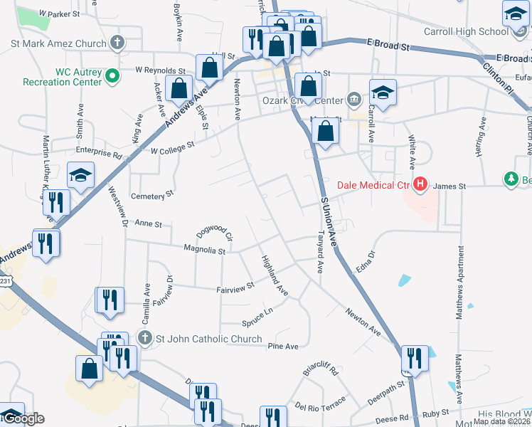 map of restaurants, bars, coffee shops, grocery stores, and more near 621-677 Newton Avenue in Ozark