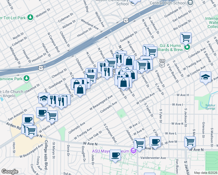 map of restaurants, bars, coffee shops, grocery stores, and more near 2406 West Harris Avenue in San Angelo