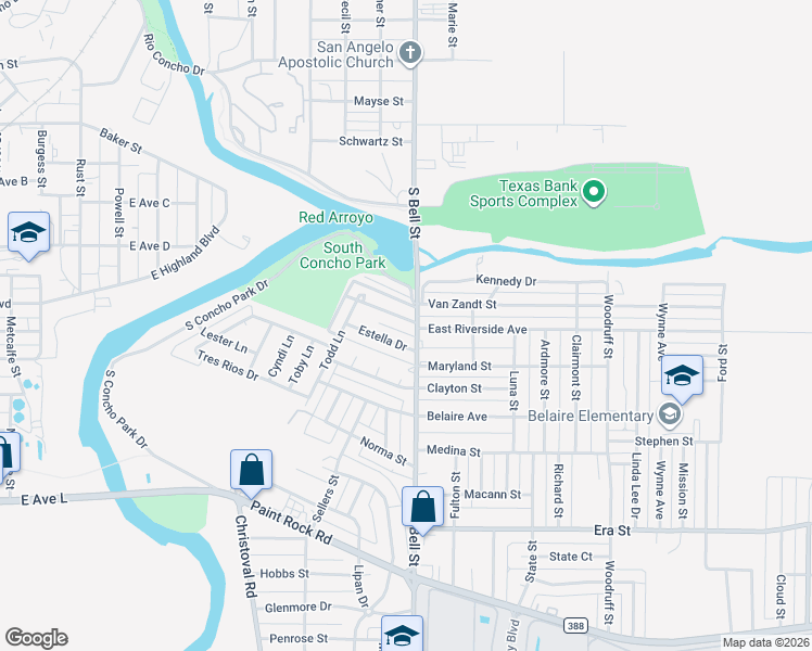map of restaurants, bars, coffee shops, grocery stores, and more near 1012 South Bell Street in San Angelo