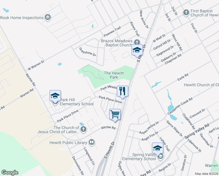 map of restaurants, bars, coffee shops, grocery stores, and more near 713 Park Meadows Drive in Hewitt
