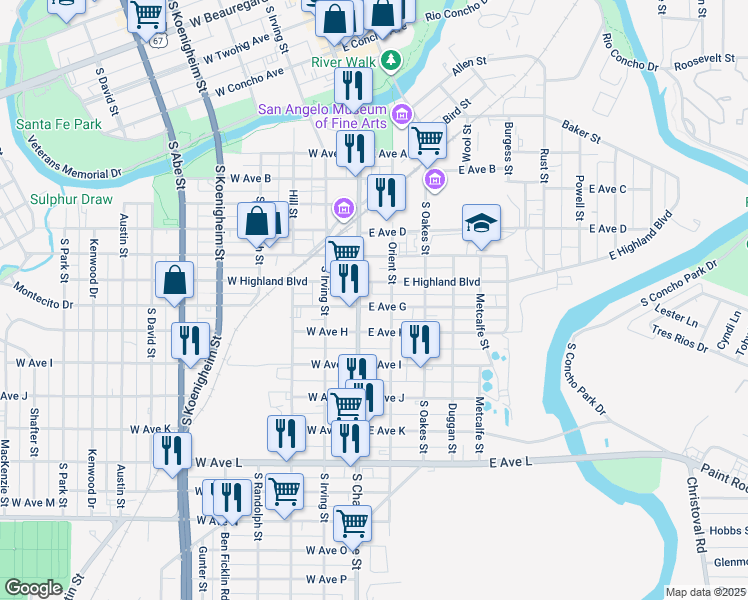 map of restaurants, bars, coffee shops, grocery stores, and more near 1-49 East Avenue G in San Angelo