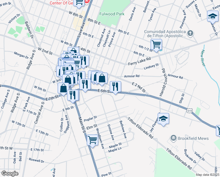 map of restaurants, bars, coffee shops, grocery stores, and more near 632 U.S. 82 in Tifton