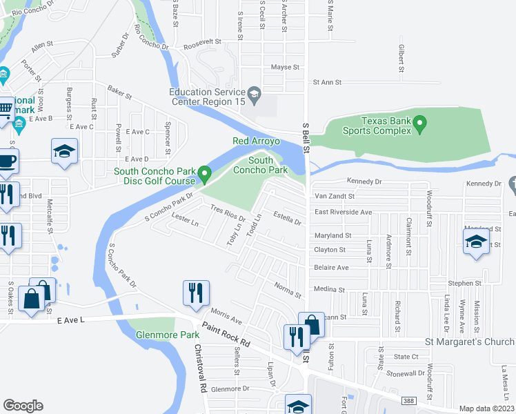 map of restaurants, bars, coffee shops, grocery stores, and more near 1001 Todd Lane in San Angelo