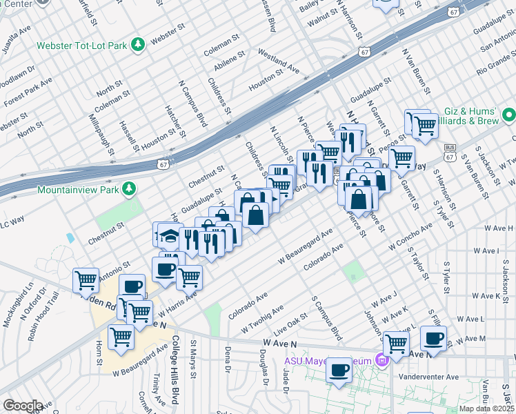 map of restaurants, bars, coffee shops, grocery stores, and more near 2500 Sherwood Way in San Angelo