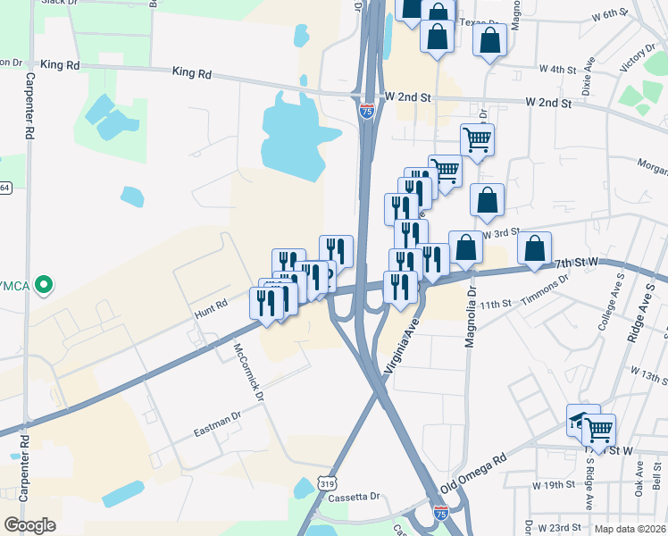 map of restaurants, bars, coffee shops, grocery stores, and more near Hunt Road in Tifton