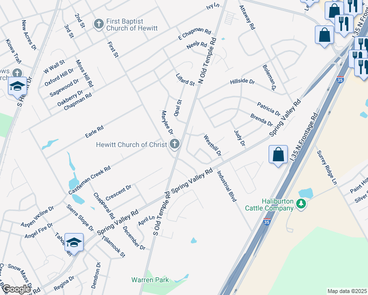 map of restaurants, bars, coffee shops, grocery stores, and more near 216 Cross Country Drive in Hewitt