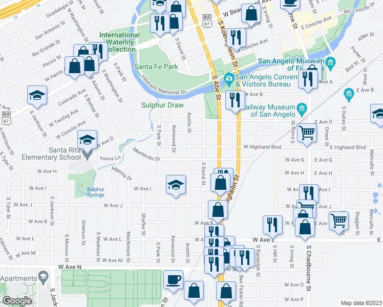 map of restaurants, bars, coffee shops, grocery stores, and more near 1010 Austin Street in San Angelo
