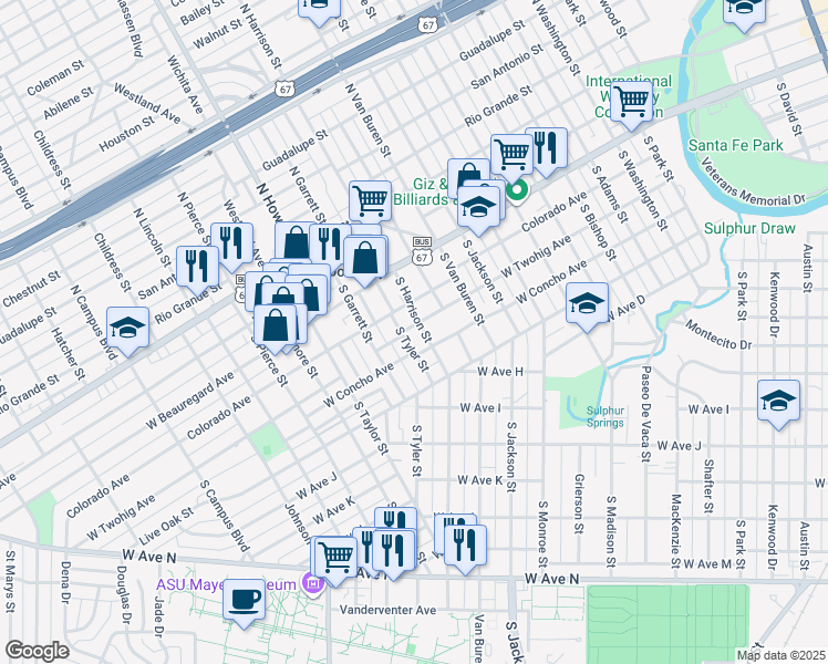 map of restaurants, bars, coffee shops, grocery stores, and more near 1907 West Concho Avenue in San Angelo