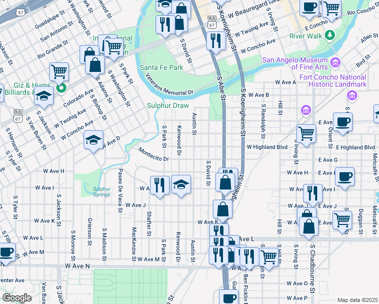 map of restaurants, bars, coffee shops, grocery stores, and more near 1104 Austin Street in San Angelo