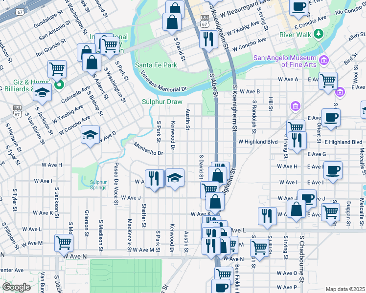 map of restaurants, bars, coffee shops, grocery stores, and more near 1007 Austin Street in San Angelo