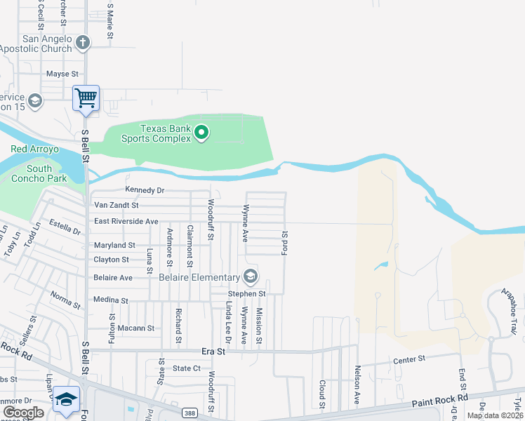map of restaurants, bars, coffee shops, grocery stores, and more near 801-899 Kennedy Drive in San Angelo