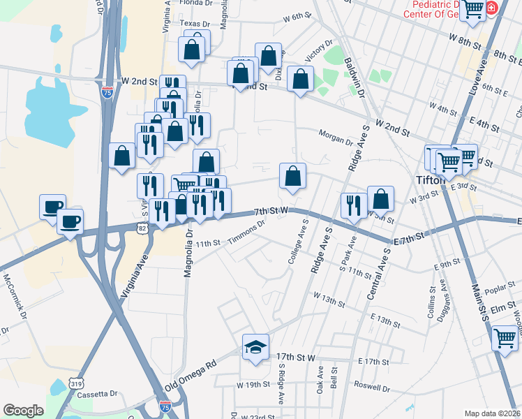 map of restaurants, bars, coffee shops, grocery stores, and more near 704 West 3rd Street in Tifton