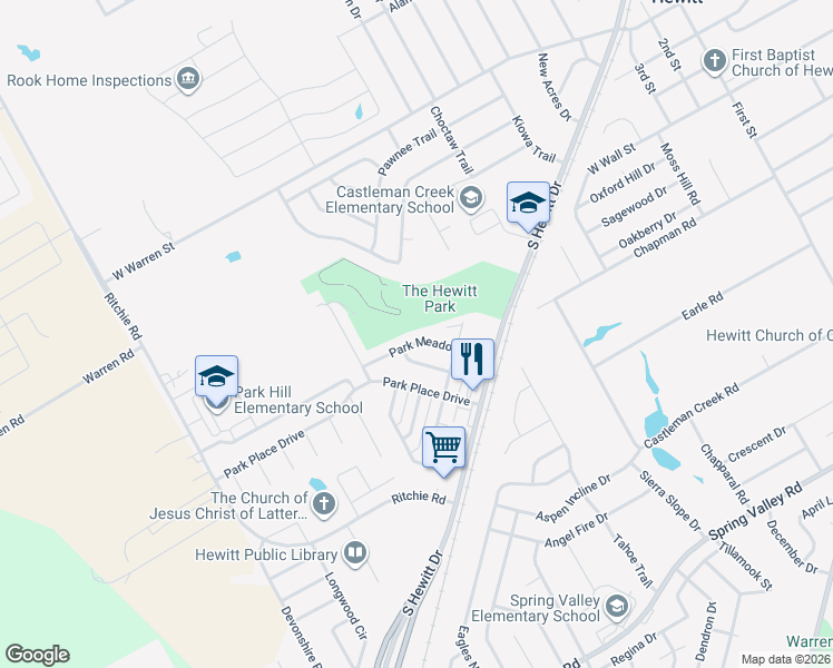 map of restaurants, bars, coffee shops, grocery stores, and more near 712 Park Meadows Drive in Hewitt