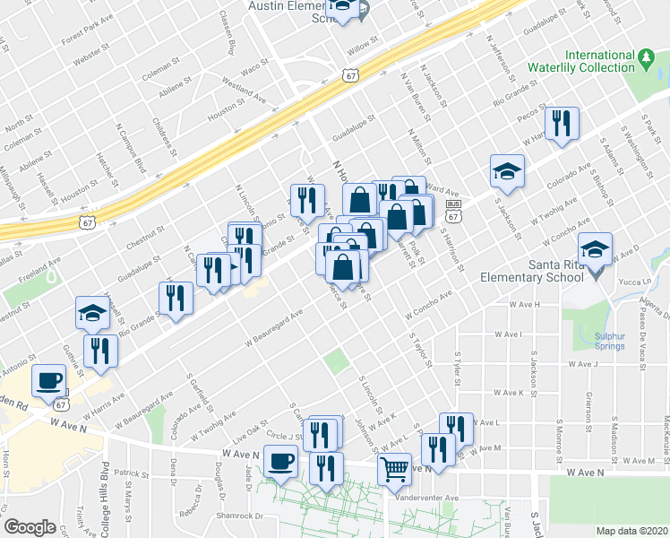 map of restaurants, bars, coffee shops, grocery stores, and more near 2114 West Harris Avenue in San Angelo
