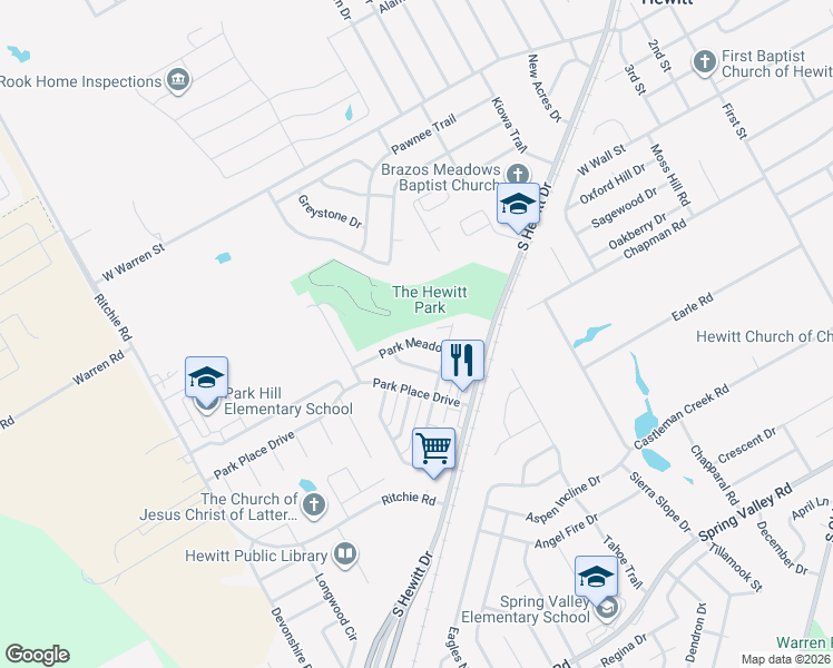 map of restaurants, bars, coffee shops, grocery stores, and more near 712 Park Meadows Drive in Hewitt