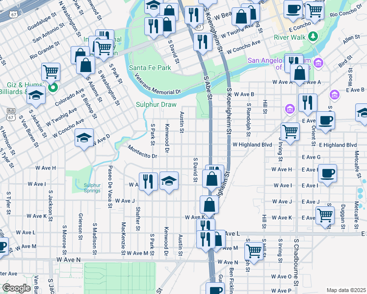 map of restaurants, bars, coffee shops, grocery stores, and more near 914 Austin Street in San Angelo