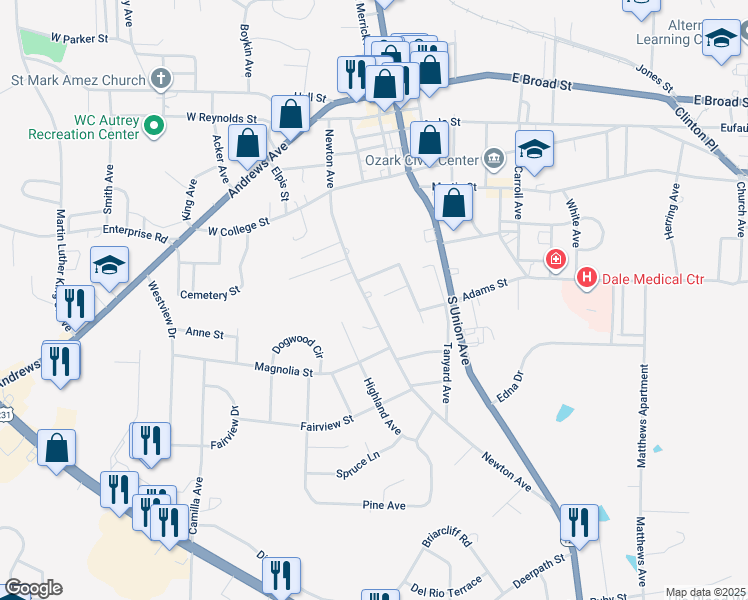 map of restaurants, bars, coffee shops, grocery stores, and more near 150 Houston Street in Ozark