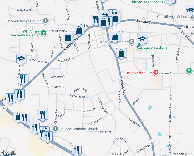 map of restaurants, bars, coffee shops, grocery stores, and more near 508 Newton Avenue in Ozark