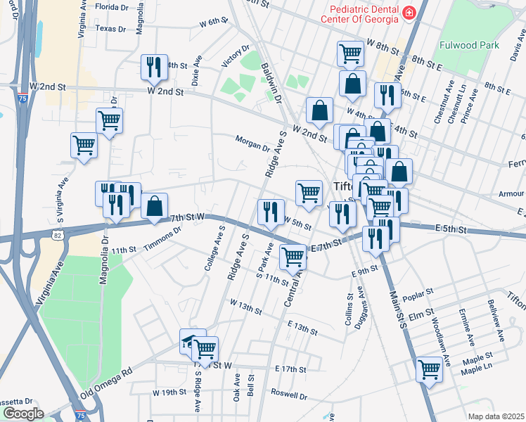 map of restaurants, bars, coffee shops, grocery stores, and more near 501 Ridge Avenue South in Tifton