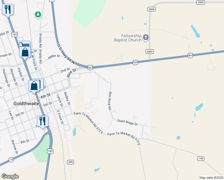 map of restaurants, bars, coffee shops, grocery stores, and more near 504 Rim Rock Road in Goldthwaite