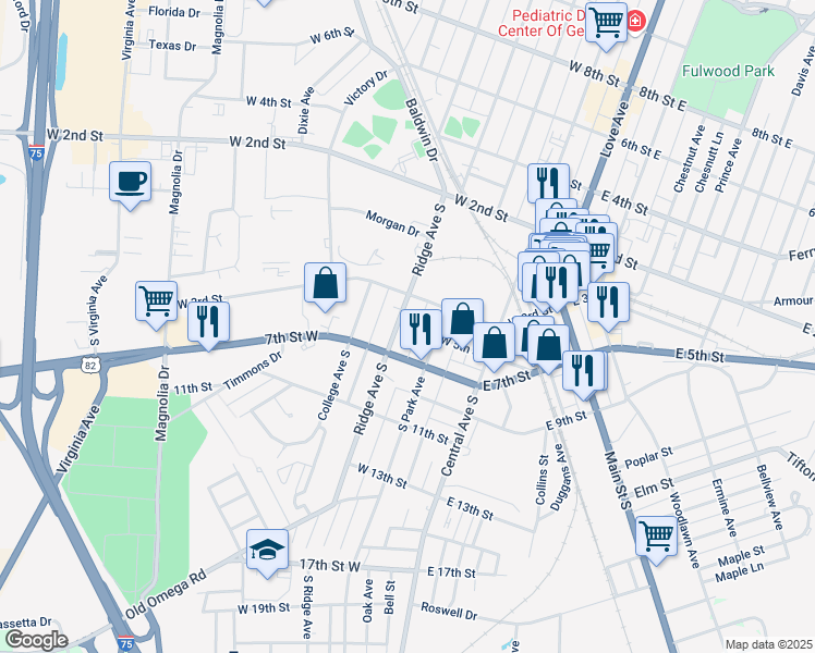 map of restaurants, bars, coffee shops, grocery stores, and more near 501 Ridge Avenue South in Tifton