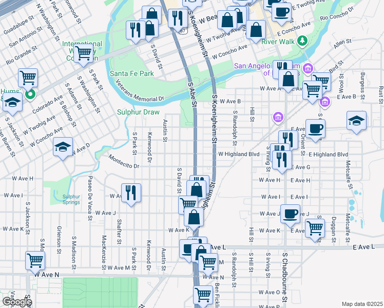 map of restaurants, bars, coffee shops, grocery stores, and more near 521 West Highland Boulevard in San Angelo