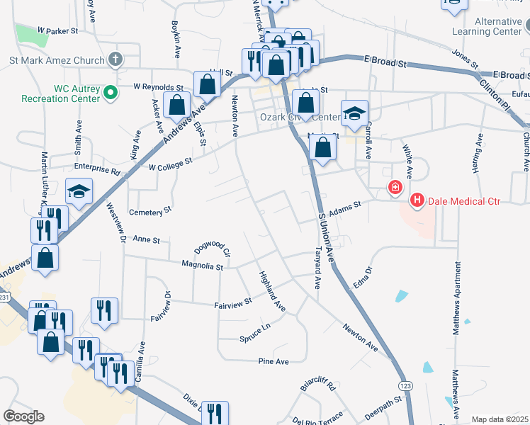 map of restaurants, bars, coffee shops, grocery stores, and more near 150 Houston Street in Ozark