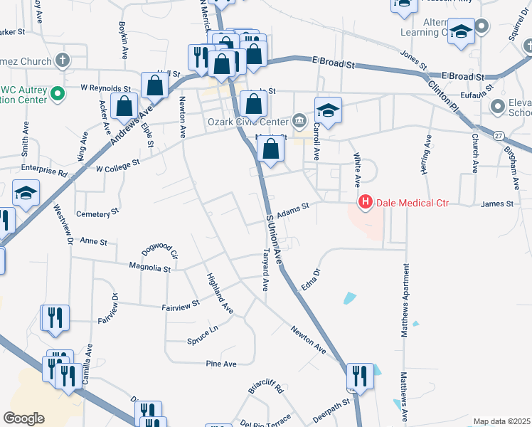 map of restaurants, bars, coffee shops, grocery stores, and more near 628 South Union Avenue in Ozark