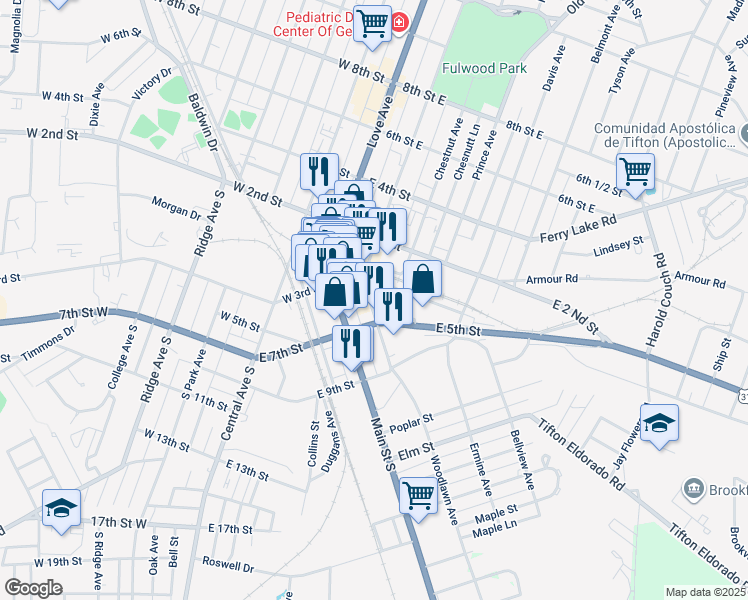 map of restaurants, bars, coffee shops, grocery stores, and more near 301 Tift Ave S in Tifton