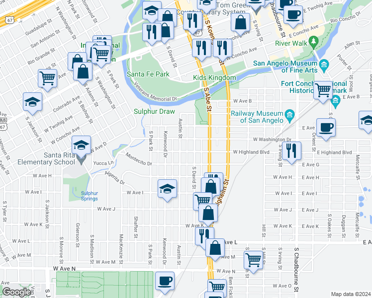 map of restaurants, bars, coffee shops, grocery stores, and more near 618 West Highland Boulevard in San Angelo