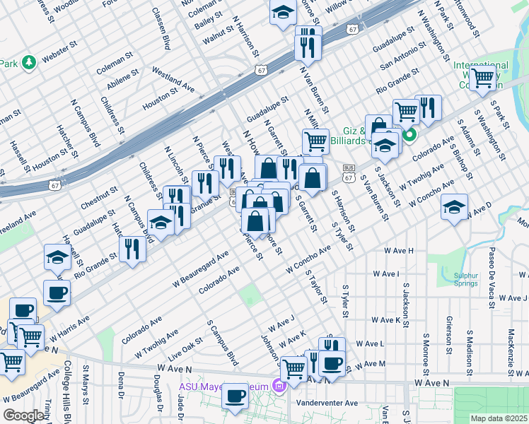 map of restaurants, bars, coffee shops, grocery stores, and more near 2100 West Beauregard Avenue in San Angelo