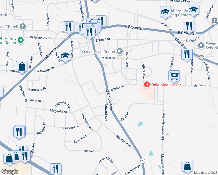 map of restaurants, bars, coffee shops, grocery stores, and more near 628 South Union Avenue in Ozark