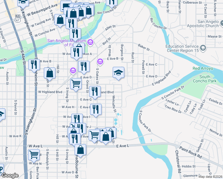 map of restaurants, bars, coffee shops, grocery stores, and more near 901-999 Metcalfe St in San Angelo