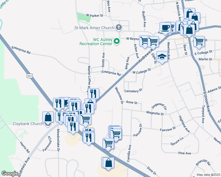 map of restaurants, bars, coffee shops, grocery stores, and more near 950 East Andrews Avenue in Ozark