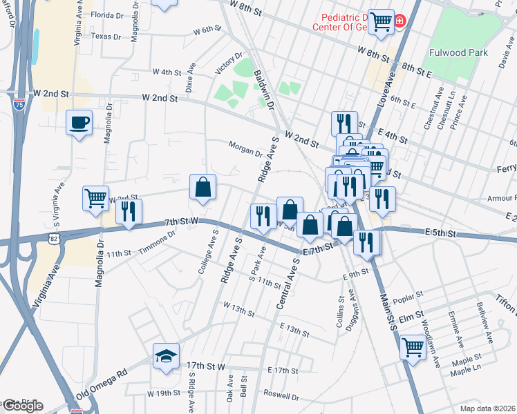 map of restaurants, bars, coffee shops, grocery stores, and more near 303 Ridge Avenue South in Tifton