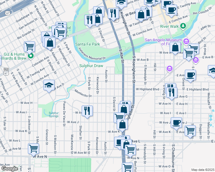 map of restaurants, bars, coffee shops, grocery stores, and more near 914 Austin Street in San Angelo