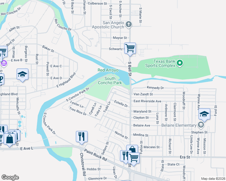 map of restaurants, bars, coffee shops, grocery stores, and more near 808 Todd Circle in San Angelo