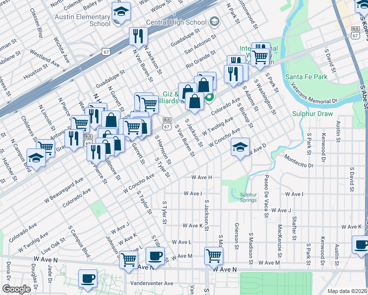 map of restaurants, bars, coffee shops, grocery stores, and more near 301 South Van Buren Street in San Angelo