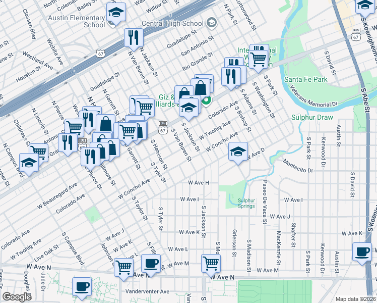 map of restaurants, bars, coffee shops, grocery stores, and more near 301 South Van Buren Street in San Angelo