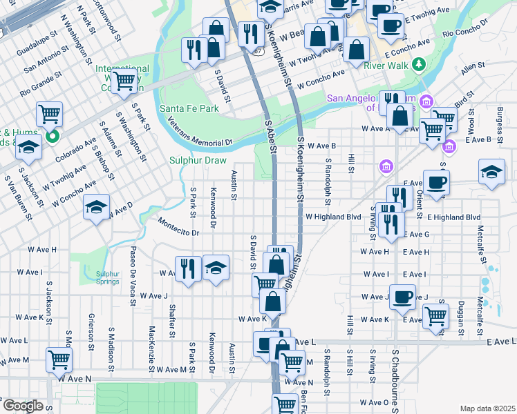 map of restaurants, bars, coffee shops, grocery stores, and more near 910 South David Street in San Angelo
