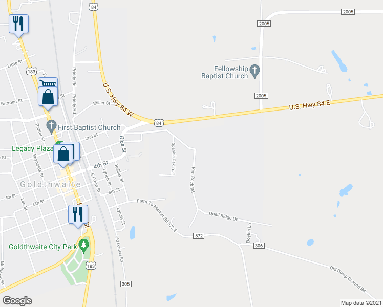 map of restaurants, bars, coffee shops, grocery stores, and more near 504 Rim Rock Road in Goldthwaite