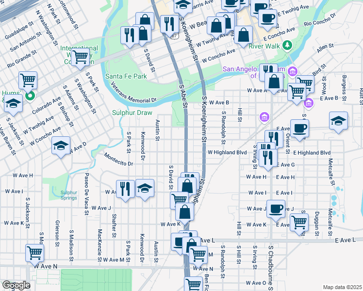 map of restaurants, bars, coffee shops, grocery stores, and more near 910 South David Street in San Angelo