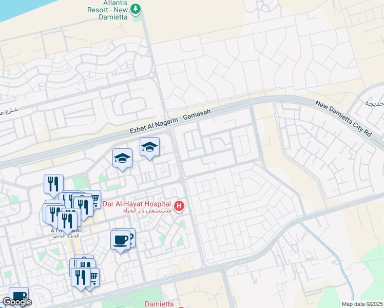 map of restaurants, bars, coffee shops, grocery stores, and more near in New Damietta
