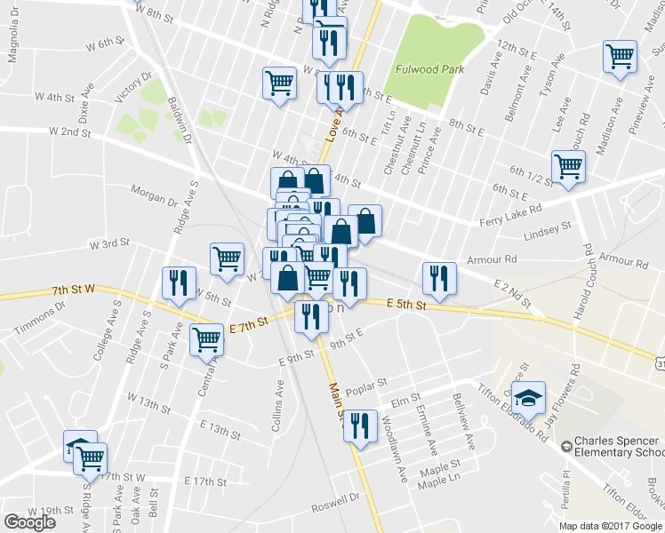 map of restaurants, bars, coffee shops, grocery stores, and more near 301 Tift Avenue South in Tifton